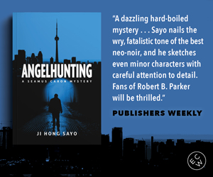 A blue background with a black city skyline beneath it. On top is the book Angelhunting by JJ Hong Sayo. Next to the book is a quote from Publisher's Weekly. 