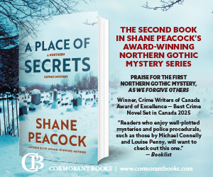 Book cover for "A Place of Secrets" by Shane Peacock, shown alongside promotional text highlighting its awards and reviews for this northern gothic mystery novel.