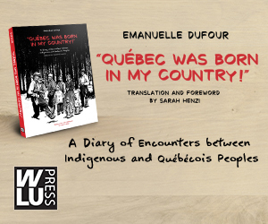 A wooden background with the book Quebec Was Born In My Country by Emanuelle Dufour on top. Text next to the book reads "Quebec Was Born In My Country."