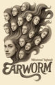 Earworm by Mohammad Yaghoubi. The illustration shows a woman’s face with long, flowing hair that transforms into multiple smaller faces emerging from the strands. The artwork is in detailed pencil-style shading on a beige background, with the title “EARWORM” in large, stylized letters at the bottom.