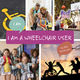 Book cover titled 'I Am a Wheelchair User' by Ella Northcott. The cover features a collage of six photographs showing children with disabilities participating in various activities: a yellow wheelchair icon with a speech bubble, a family with a child in a wheelchair outdoors, children playing basketball with 'Real Hoops' signage visible, a diverse group of smiling children standing together, and a sunset silhouette of children playing including one in a wheelchair. A magenta banner across the center displays the title in white text, and the author's name appears in a coral-colored circle in the bottom right.