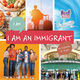Book cover for I Am an Immigrant by Sujivany R. Sujan. The design is a collage of images, including a pot of food, a traveler with luggage silhouetted against an airport window, an airplane graphic with the words “Real Voices,” and a busy airport departure hall. At the bottom left, a diverse group of five smiling young people stand together holding small international flags. The title appears in bold white letters on a red speech bubble, with the author’s name in a smaller speech bubble.