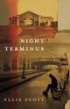 Book cover for Night Terminus by Ellis Scott. The design features a collage of warm sepia and amber tones. The top half shows an old train station building under a golden sky, while the bottom half depicts a nearly empty train platform with a lone person sitting on a bench, silhouetted against the light. The title “Night Terminus” appears in white uppercase letters across the center, and the author’s name, “Ellis Scott,” is at the bottom.