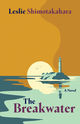 Book cover for The Breakwater by Leslie Shimotakahara. The illustration shows a lighthouse on a small rocky island surrounded by calm water, with the sun setting or rising behind it. The sky is a warm orange, and the water reflects shades of blue and gold. The title appears at the bottom in blue and purple text, with the author’s name at the top in dark blue.