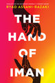 Book cover for The Hand of Iman by Ryad Assani-Razaki. The design shows two illustrated black hands reaching toward each other against a vivid gradient background of pink, orange, and yellow. The title text appears in bold white letters across the center.