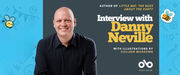 Banner featuring author Danny Neville. On the left, Danny Neville, a smiling man with a shaved head wearing a dark navy shirt, sits against a light blue background decorated with playful bee and party illustrations. On the right, white and yellow text reads: “Author of Little Bee: The Buzz About the Party — Interview with Danny Neville — With illustrations by Colleen McKeown.” The Open Book logo appears at the bottom right.