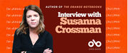 A book banner featuring a photo of Susanna Crossman on the left, with text on the right that reads: "Author of The Orange Notebooks. Interview with Susanna Crossman." The background is orange and red with repeated handwritten text "The Orange Notebooks" and "Crossman." The Open Book logo appears at the bottom right.