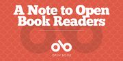 Red banner with a scalloped coral background, large white headline reading “A Note to Open Book Readers,” and the Open Book logo centered below.