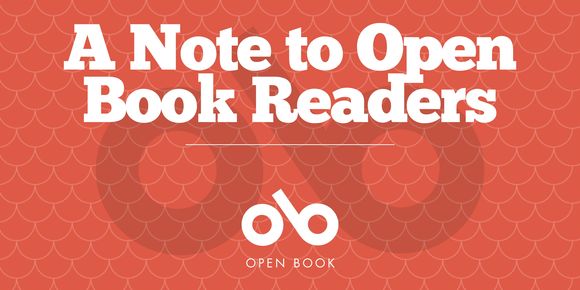 Red banner with a scalloped coral background, large white headline reading “A Note to Open Book Readers,” and the Open Book logo centered below.