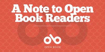 Red banner with a scalloped coral background, large white headline reading “A Note to Open Book Readers,” and the Open Book logo centered below.