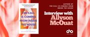 Interview with Allyson McOuat banner. Background image of ruffled pink sheets with red section the centre right and text and Open Book logo overlaid. Image of book cover to the centre left.
