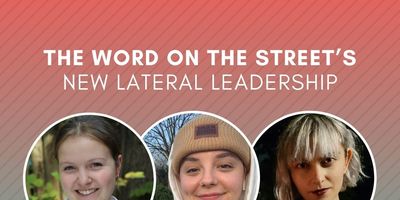 square graphic with photos of Sarah Mosher, Haley Richardson, Sienna Tristen from The Word on the Street. Word on the Street and Open Book logos at the bottom. Text reads The Word on the Street's New Lateral Leadership. In conversation with Sarah Mosher, Haley Richardson, & Sienna Tristen.