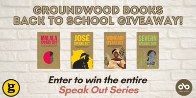 Groundwood Books back to school giveaway banner. Background image of pink outlined bricks with outlined pink text at top and bottom of banner, and images of the four books in the Speak Out series across the centre of the banner. Groundwood Books logo and Open Book logo and bottom-left and bottom-right of banner, respectively.