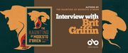 Book banner for an Open Book interview with author Brit Griffin about her novel The Haunting of Modesto O’Brien. The design features the book cover at the center-left, showing two overlapping cowboy silhouettes in warm golden tones with a cowboy on horseback inside a red flame shape. The right side has bold text reading “Interview with Brit Griffin” and the Open Book logo below, set against a brown and dark green textured background.