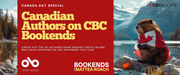 Promotional banner for CBC Books' Canada Day Special titled "Canadian Authors on CBC Bookends." The design is split into two halves: the left features a warm lakeside scene with evergreen trees and a wooden dock, overlaid with a deep red panel containing the title in bold yellow serif type. Below, white text reads "Check out the 45 authors from around Turtle Island who appeared on CBC Books this year." The Open Book and Bookends/Mattea Roach logos appear at bottom left in white. The right half shows a beaver wearing a red-and-white Canada flag as a cape, sitting on a rock beside a mountain lake with dramatic peaks and soft clouds in the background. The CBC Books logo sits in the top right corner. The overall palette blends patriotic red, natural earth tones, and cool mountain blues, creating a cinematic yet approachable feel that celebrates Canadian literary culture.