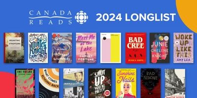 Banner image with the 15 books chosen for the 2024 CBC Canada Reads longlist
