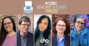 CBC Short Story Prize banner featuring a blue typewriter illustration and the CBC logo on a mauve background. Below are five author headshots arranged in a row: Amber Allen wearing glasses and a pink top, Kate Cayley in glasses and a dark blazer, Larah Luna with long dark hair (with Open Book logo overlay), Andy Stefan in glasses and a blue shirt with dark vest, and Carrie Mac wearing glasses and a denim jacket