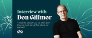 Blue banner image with photo of writer Don Gillmor on the right and text on a dark background on the left, reading "Interview with Don Gillmor. I liked the idea of how we often don’t know as much as we think about our partners" Open Book logo bottom left, and images of broken glass on the far left and right sides of the banner