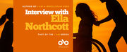 Banner with orange gradient background featuring silhouettes of children playing at sunset, including one child in a wheelchair. White and yellow text reads 'Author of I AM A WHEELCHAIR USER, Interview with Ella Northcott, Part of the I AM series.' The Open Book publisher logo appears at the bottom in white.
