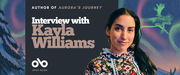 Banner featuring the text “Author of Aurora’s Journey — Interview with Kayla Williams” alongside the Open Book logo. On the right, Kayla Williams is shown smiling, wearing a floral patterned hoodie and beaded earrings. The background includes illustrated northern scenery with snowy trees and colorful northern lights.