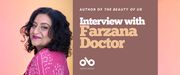 Bright young things YA interview with Farzana Doctor, author of The Beauty of Us banner. Background of warm orange and yellow, with photo of author to centre left, woman with dark, wavy hair smiling and staring intently toward camera, wearing a colourful, patterned shawl and standiing sideways with back to solid green section with text and Open Book logo overlaid.