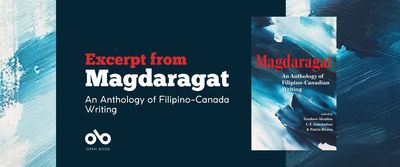 Blue banner image with text reading Excerpt from Magdaragat An Anthology of Filipino-Canada Writing. Background is watercolour that suggests a swirling sea. Open Book logo bottom left. 