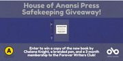 House of Anansi Press Safekeeping Giveaway banner. Background image or textured horizontal purple header and footer, with blue textured middle section running horizontally across banner as well. Text overlaid and top and bottom of image, with Safekeeping by Chelene Knight book cover cantered on banner, and image of vertical Safekeeping branded pen to left of book. House of Anansi Press logo to bottom left corner and Open Book logo to bottom right of banner.