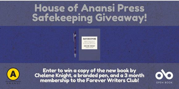 House of Anansi Press Safekeeping Giveaway banner. Background image or textured horizontal purple header and footer, with blue textured middle section running horizontally across banner as well. Text overlaid and top and bottom of image, with Safekeeping by Chelene Knight book cover cantered on banner, and image of vertical Safekeeping branded pen to left of book. House of Anansi Press logo to bottom left corner and Open Book logo to bottom right of banner.