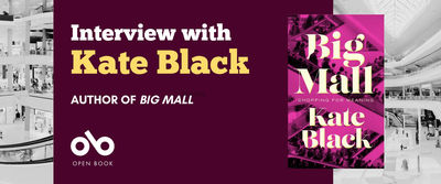 Big Mall by Kate Black banner, text over burgundy background and cover of book set over a background of blurry mall images