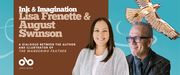 Promotional banner for “Ink & Imagination: Lisa Frenette & August Swinson.” The design features portraits of a smiling woman with long brown hair wearing a white shirt and gray cardigan, and a smiling man with short gray hair, glasses, and a denim jacket. A hawk soars across a bright blue sky in the upper right corner. The text reads: “A dialogue between the author and illustrator of The Wandering Feather.” The Open Book logo appears in the lower left corner. The background is divided into brown and blue sections with white swirl accents.