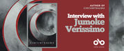 Book banner featuring the cover of Circumtrauma by Jumoke Verissimo. The cover shows abstract circular shapes in shades of gray and red. On the right side, white text on a maroon background reads: “Author of Circumtrauma — Interview with Jumoke Verissimo.” The Open Book logo appears at the bottom right.