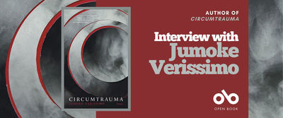 Book banner featuring the cover of Circumtrauma by Jumoke Verissimo. The cover shows abstract circular shapes in shades of gray and red. On the right side, white text on a maroon background reads: “Author of Circumtrauma — Interview with Jumoke Verissimo.” The Open Book logo appears at the bottom right.