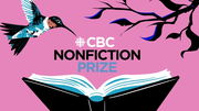 Graphic illustration for the CBC Nonfiction Prize. A hummingbird hovers on the left, facing an open book at the bottom of the image. Dark tree branches with blue leaves extend from the right. The background is bright pink, and the words “CBC Nonfiction Prize” appear in bold text at the center.