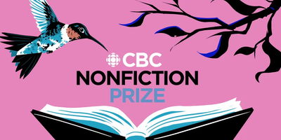 Graphic illustration for the CBC Nonfiction Prize. A hummingbird hovers on the left, facing an open book at the bottom of the image. Dark tree branches with blue leaves extend from the right. The background is bright pink, and the words “CBC Nonfiction Prize” appear in bold text at the center.