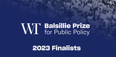 Blue banner image with Writers' Trust of Canada logo and text reading Balsille Prize for Public Policy 2023 finalists
