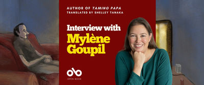 Interview with Mylène Goupil, banner with text over red background and author photo