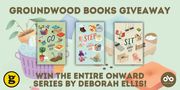 Promotional banner for a Groundwood Books giveaway on a soft gradient background blending mint green, lavender, and peach. At top, "GROUNDWOOD BOOKS GIVEAWAY" appears in warm brown sans-serif capitals. Three children's book covers from the ONWARD series are arranged horizontally in the center: "GO" (left), "STEP" (center), and "SIT" (right), each featuring whimsical illustrations of children, objects, and animals in a bright, playful style. Surrounding the books are decorative elements including potted plants, a purple laundry basket, a wooden chair, and scattered coins, creating a cozy domestic scene. Below, "WIN THE ENTIRE ONWARD SERIES BY DEBORAH ELLIS!" is set in bold brown type. The Groundwood Books bee logo appears in a yellow circle at bottom left, with the Owlkids publisher logo at bottom right.