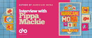 Book banner featuring 'Interview with Pippa Mackie' by the author of Hurricane Mona. The left side shows a vibrant pink background with white text and the Open Book logo. The right side displays the book cover for 'Hurricane Mona' by Pippa Mackie, featuring colorful retro-style illustrations including a globe, raised fist, unicorn, and other activist symbols arranged in a collage format against a blue tiled background. Decorative elements with similar iconography frame both sides of the banner
