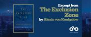 Excerpt from The Exclusion Zone by Alexis von Konigslow banner. Background image from cover of novel of night over Chernobyl and the surrounding woods from an aerial perspective, all in dark blue hues with small lights in the dark from the city. Full cover to centre left of banner win dark pink border, and solid dark blue section to centre right with text and Open Book logo overlaid.