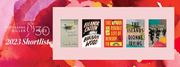 Banner image with abstract pink and red background and images of the five books nominated for the 2023 Scotiabank Giller Prize