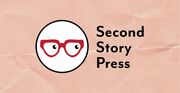 Second Story Press - New Logo. Background of creased beige paper behind black circle to left of image with red reading glasses centred inside and crescent-moon eyes looking to left. Publisher name stacked to right of logo.