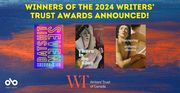 Winners of the 2024 Writers’ Trust Awards Announced banner. Background image of blue textured canvas with vibrant reds and oranges running in horizontal cloudlike patterns across image. Text above in header section with covers of winning books at centre, and WT logo and centre-bottom. Open Book logo to bottom left corner of banner.