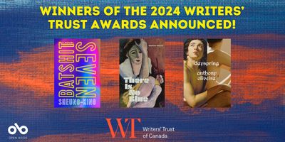 Winners of the 2024 Writers’ Trust Awards Announced banner. Background image of blue textured canvas with vibrant reds and oranges running in horizontal cloudlike patterns across image. Text above in header section with covers of winning books at centre, and WT logo and centre-bottom. Open Book logo to bottom left corner of banner.