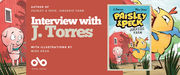 Promotional banner for an Open Book interview with J. Torres, author of Paisley & Peck: Jurassic Farm, illustrated by Mike Deas. The left side features a red background with text and an illustration of a worried pink pig standing in front of a barn. On the right is the book cover showing the pig and a frightened yellow chick reacting to a dinosaur shadow on the barn wall. The Open Book logo appears at the bottom.