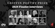2024 Griffin Poetry Prize Author Interviews - Image of finalists for the prize in a grid at bottom-centre of banner, with Open Book logo and bottom left corner and Griffin logo to bottom right. Text above images and dark background with Griffin logos overlaid in a pattern.
