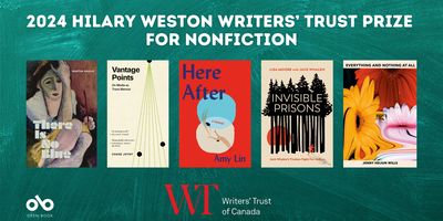The 2024 Hilary Weston Writers' Trust Prize for Nonfiction Finalists Have Been Announced banner. Textured charcoal background with all five finalist books lined up horizontally at centre of image. Open Book logo to bottom left, and Writers' Trust logo to bottom-centre. Text at header above images of book covers.