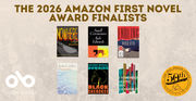Banner displaying 'The 2026 Amazon First Novel Award Finalists' in bold brown text at the top. Six book covers are arranged in two rows: top row shows 'Nowhere' by Jon Claytor, 'Small Ceremonies' by Kyle Edwards, and 'Ending' by Maria Alva; bottom row displays 'Property' by Kate Cayley, 'Black Cherokee' by Antonio Michael Downing, and 'I Remember Lights' by Ben Ladouceur. The Open Book logo appears in the bottom left corner, and a gold circular 50th anniversary badge for the 2026 Amazon Canada Awards is positioned in the bottom right. The background features a subtle beige texture with faint tree silhouettes