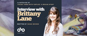 Banner featuring an interview with Brittany Lane, illustrator of 'Taking Turns with Turtles: A Rescue Story' written by Shari Becker. The left side displays white and gold text on a dark background with the Open Book logo at the bottom. The right side shows a photo of Brittany Lane, a woman with long brown hair wearing a white top and gray cardigan, overlaid on a watercolor illustration from the book depicting children with flashlights helping a sea turtle on a beach at dusk.