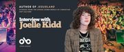 Book banner for Jesusland: Stories from the Upside Down World of Christian Pop Culture by Joelle Kidd. On the left, text reads “Author of Jesusland – Stories from the Upside Down World of Christian Pop Culture. Interview with Joelle Kidd.” At the bottom left is the Open Book logo. On the right, Joelle Kidd is pictured wearing a plaid jacket, pearl necklace, and graphic T-shirt, set against a background of a cheering concert crowd bathed in colorful lights.