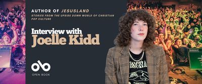Book banner for Jesusland: Stories from the Upside Down World of Christian Pop Culture by Joelle Kidd. On the left, text reads “Author of Jesusland – Stories from the Upside Down World of Christian Pop Culture. Interview with Joelle Kidd.” At the bottom left is the Open Book logo. On the right, Joelle Kidd is pictured wearing a plaid jacket, pearl necklace, and graphic T-shirt, set against a background of a cheering concert crowd bathed in colorful lights.